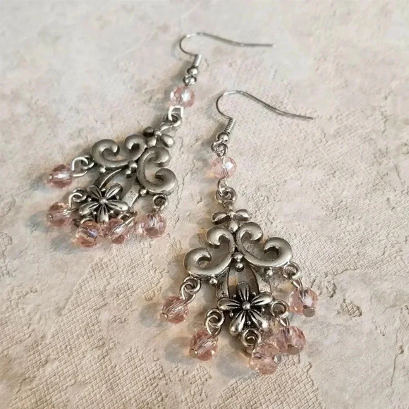 Victorian Pink Faceted Crystal Art Nouveau Silver Scroll Chandelier Earrings - Picture 1 of 7